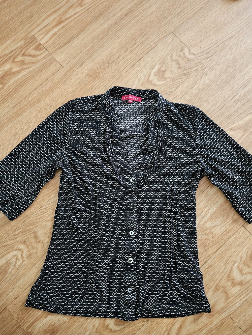 Black Patterned V-Neck Button Front Women's Top